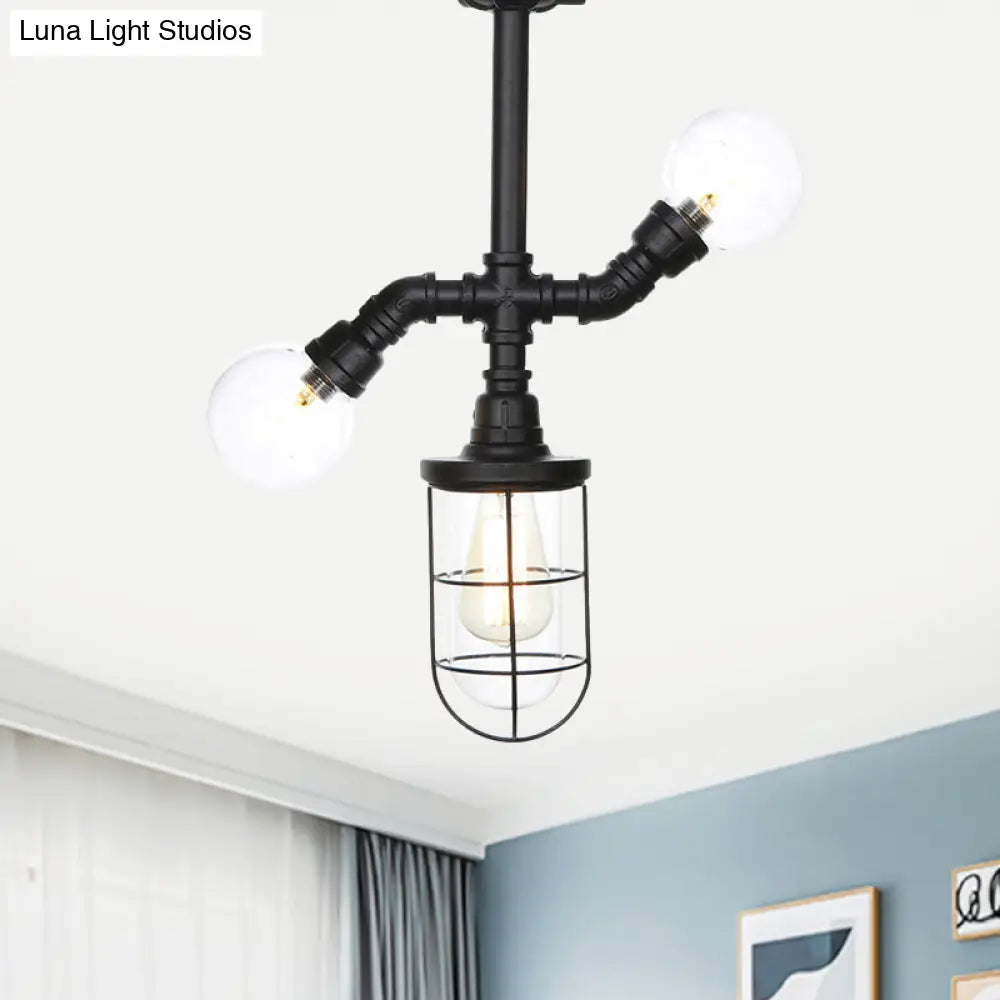 Antique Style Semi-Flush Ceiling Light - Clear Glass Flush Mounted Lamp With Cage In Black 3 Bulbs