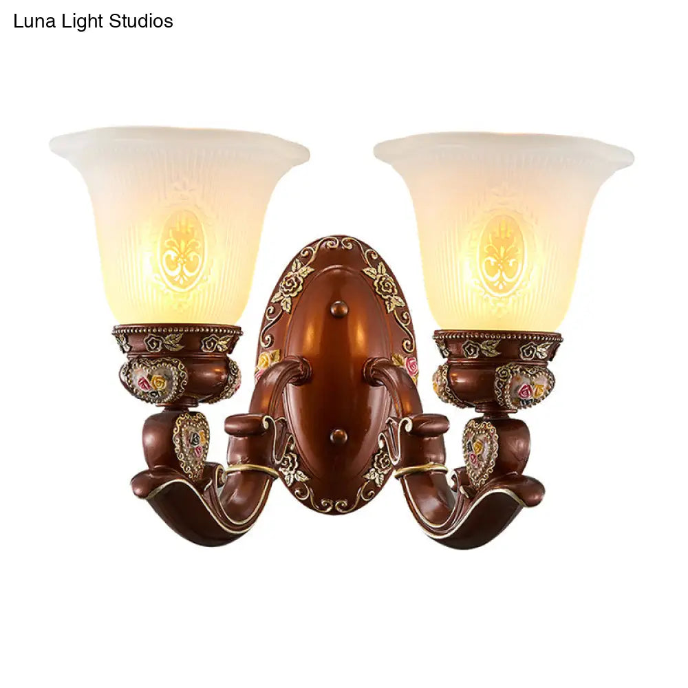 Antique Style Wall Sconce With Brown Bell Shade And Milky Glass 1/2-Head - Perfect For Bedside
