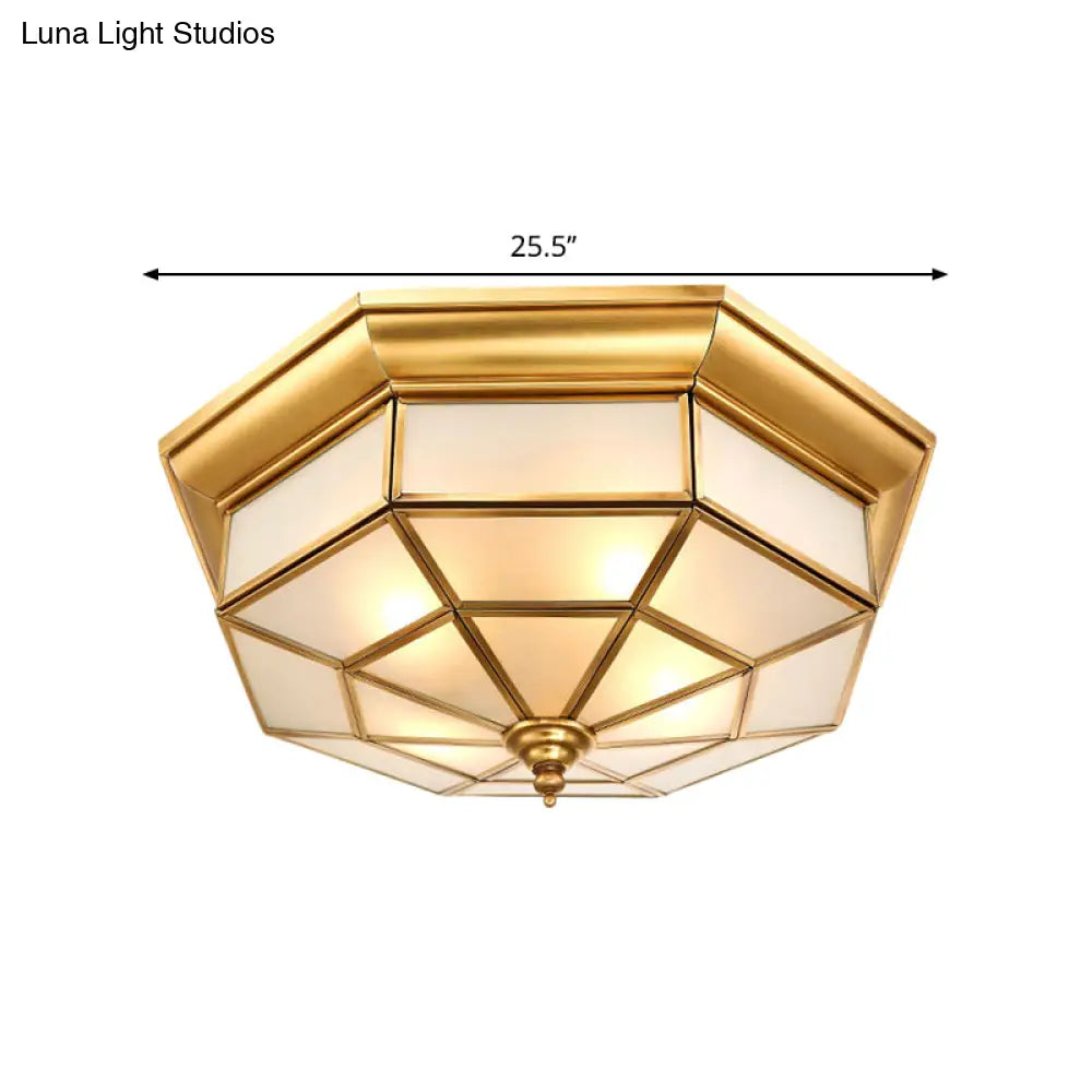 Antiqued Brass Octagon Flush Mount Ceiling Light With Milky Glass - 17’ / 25.5’ Width 4/6 Head