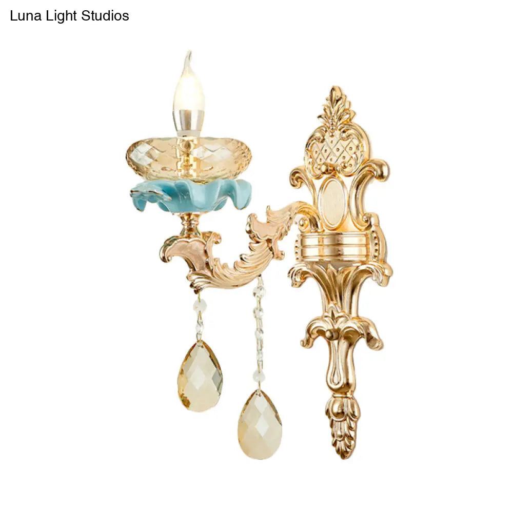 Antiqued Candlestick Wall Lamp With Crystal Sconce Light Fixture In Gold