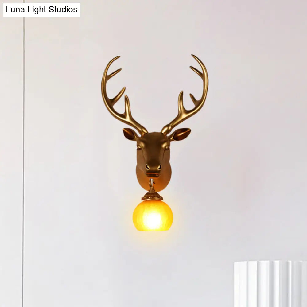 Antler Resin Gold Sconce Lamp - Rustic Wall Light With Amber Glass Shade