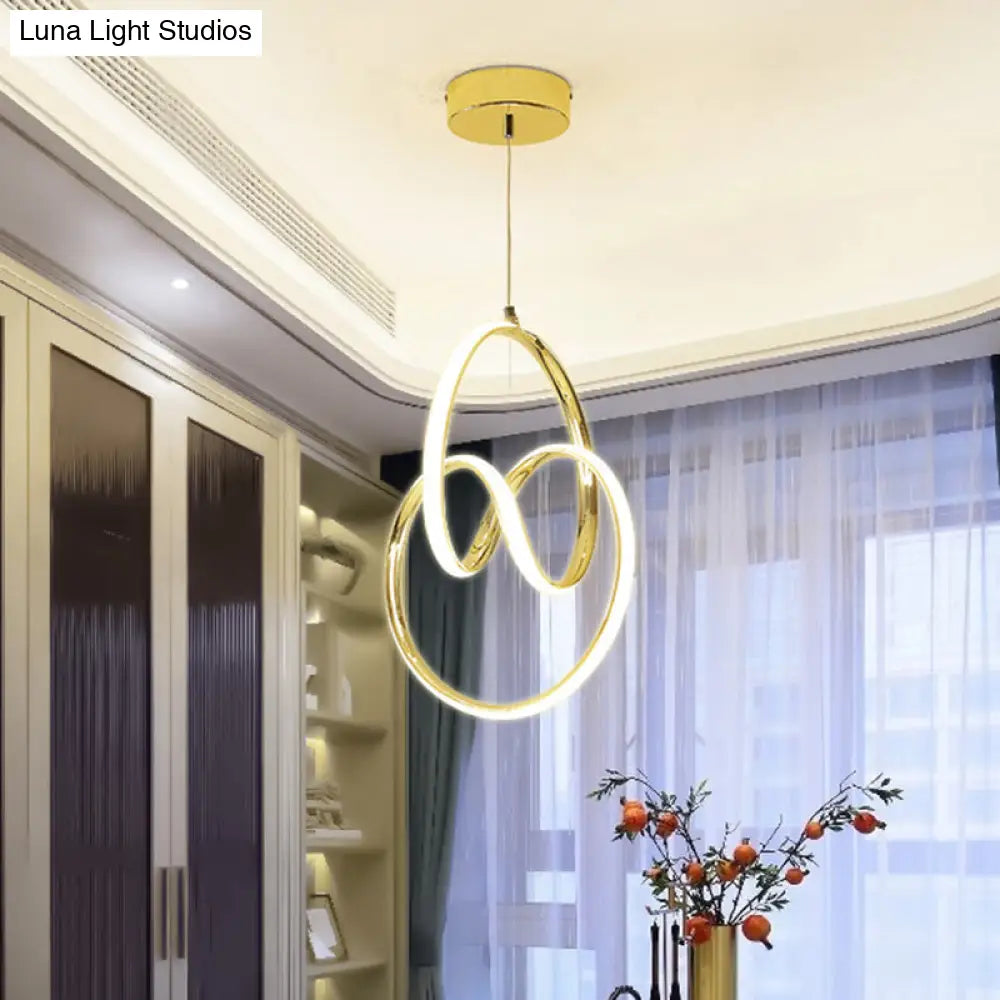 Art Deco Gold Finish Led Suspension Lamp - Interlocking Metal Chandelier For Restaurants
