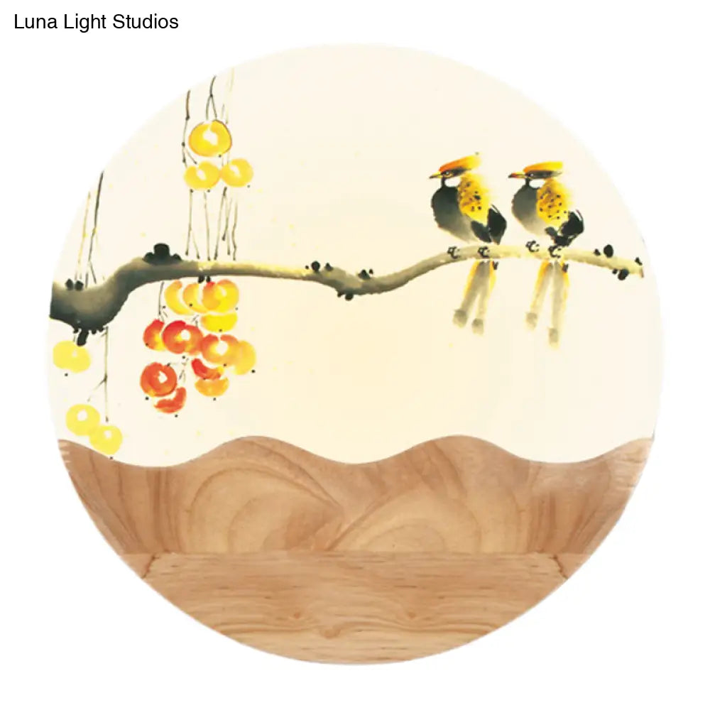 Asia Style Wall-Mounted Led Light With Wood Mural And Mountain/Branch Pattern