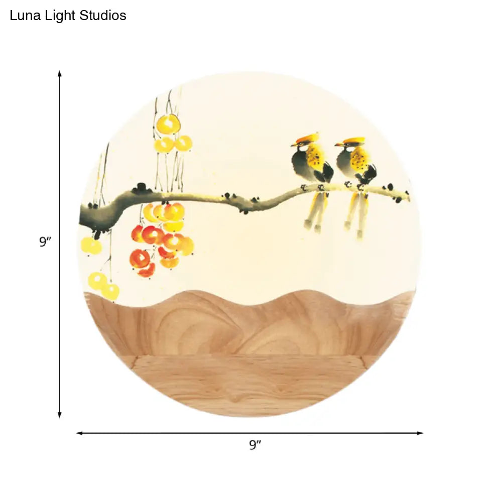 Asia Style Wall-Mounted Led Light With Wood Mural And Mountain/Branch Pattern