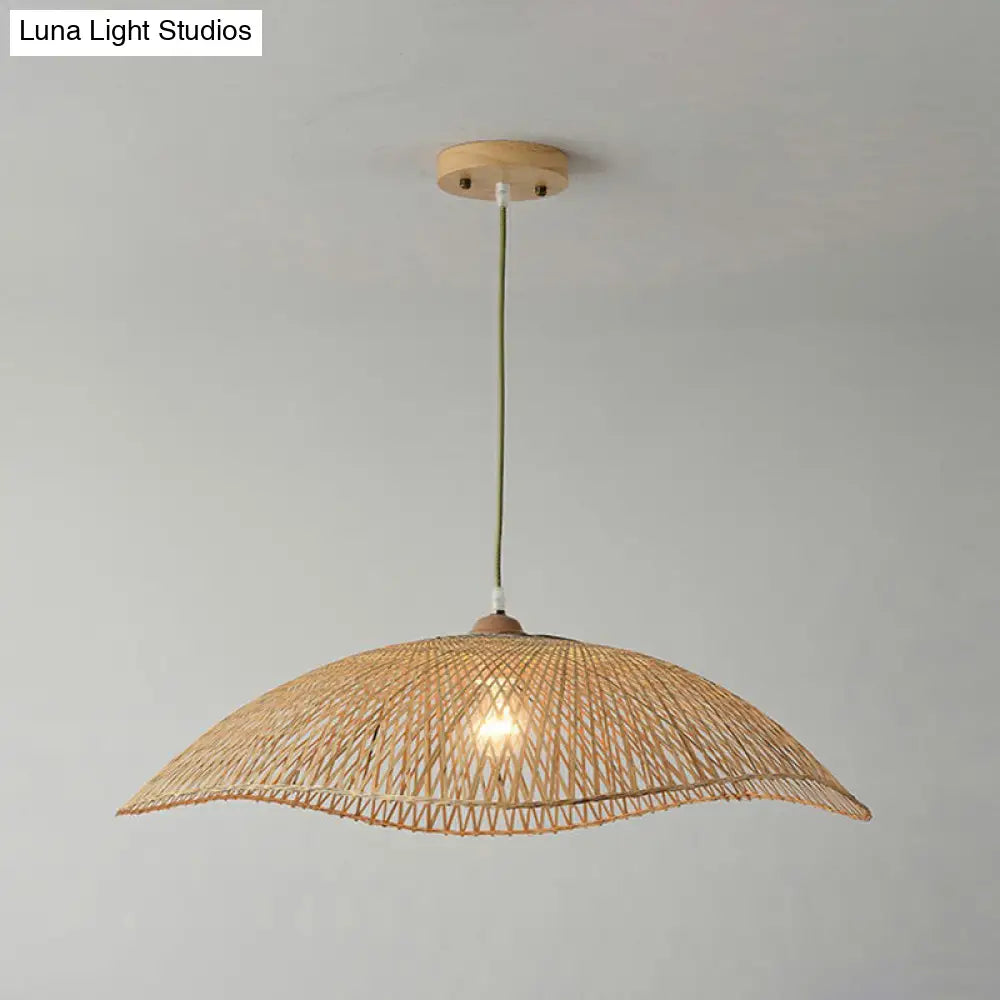 Asian Bamboo Wave-Edge Suspension Pendant Light With 1-Bulb In Beige Ideal For Bedroom Lighting