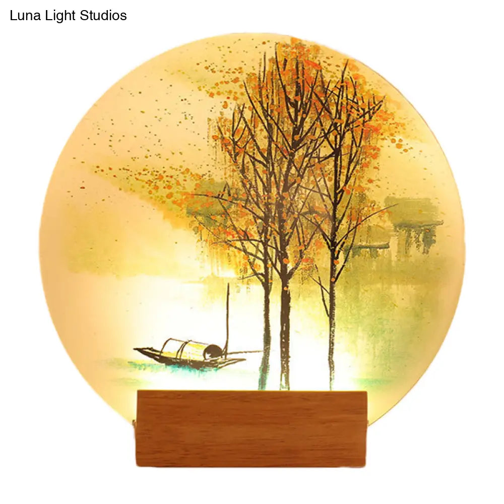 Asian Led Wall Light Sconce With Wooden Arm - Goldfish/Boat Bedside Mural Design