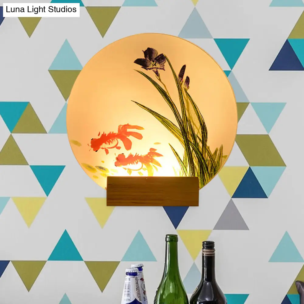 Asian Led Wall Light Sconce With Wooden Arm - Goldfish/Boat Bedside Mural Design