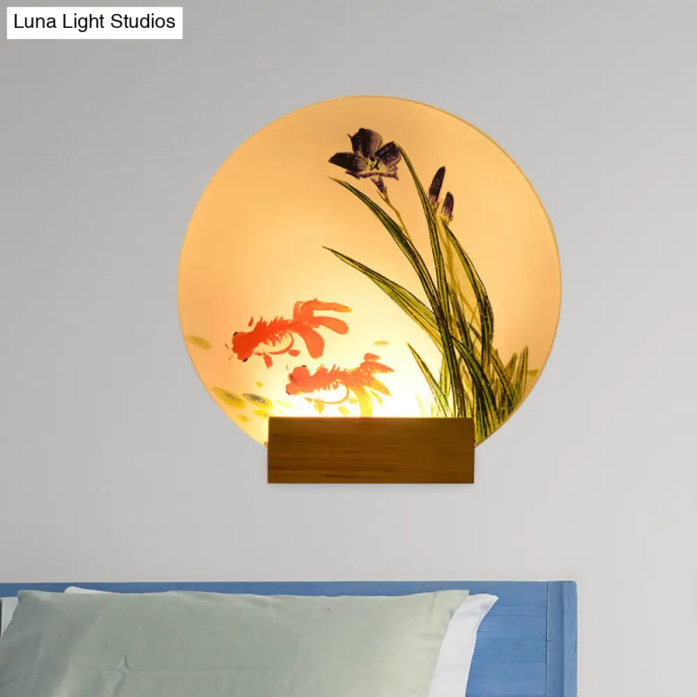 Asian Led Wall Light Sconce With Wooden Arm - Goldfish/Boat Bedside Mural Design