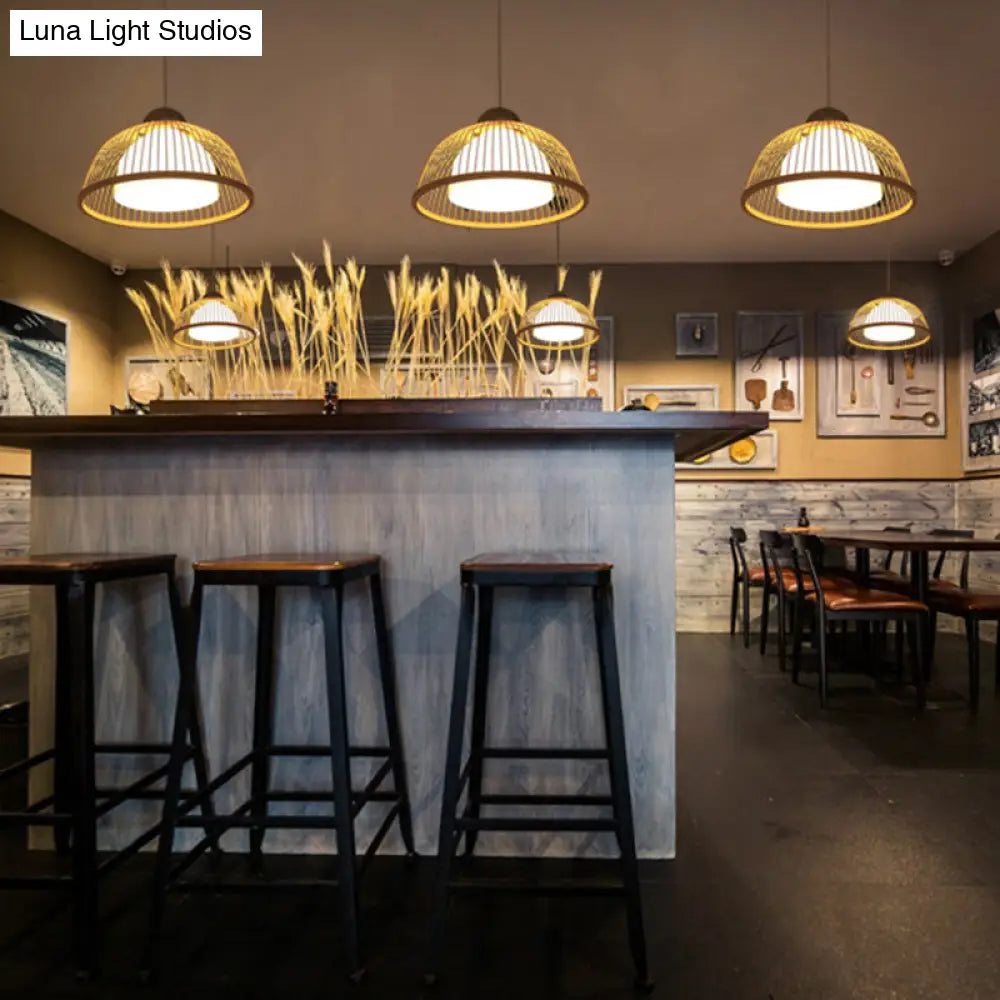 Asian Style Bamboo Ceiling Light: Hemispherical 1 Bulb Wood Hanging Lamp For Restaurants