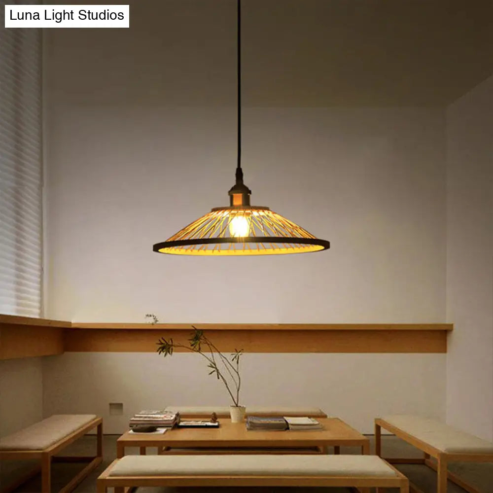 Asian Style Bamboo Ceiling Light: Hemispherical 1 Bulb Wood Hanging Lamp For Restaurants