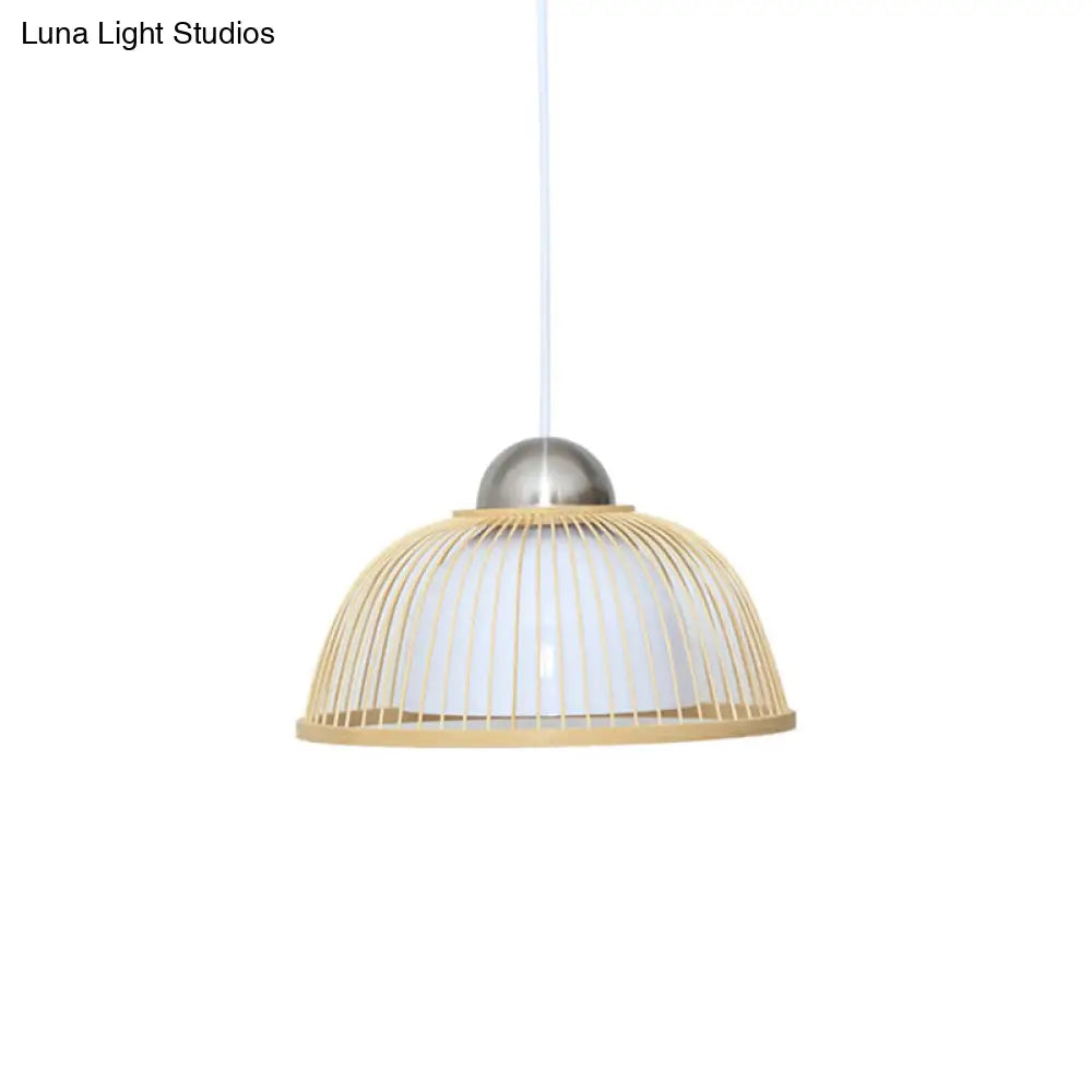Asian Style Bamboo Ceiling Light: Hemispherical 1 Bulb Wood Hanging Lamp For Restaurants