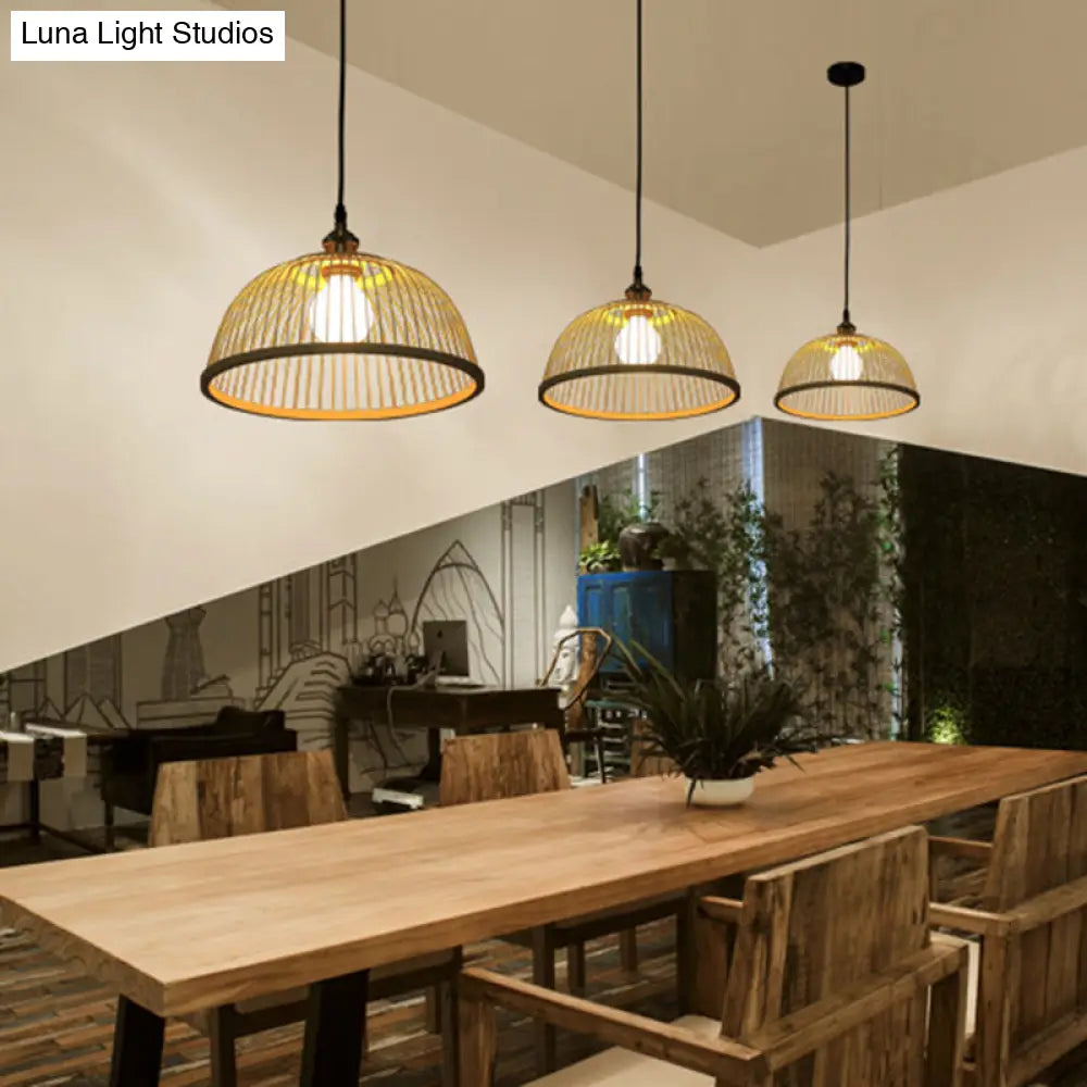 Asian Style Bamboo Ceiling Light: Hemispherical 1 Bulb Wood Hanging Lamp For Restaurants