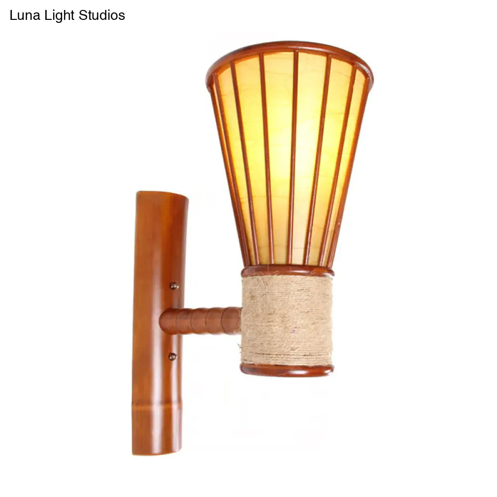 Asian Style Bamboo Wall Mounted Light Fixture - Wide Flare Lamp Sconce Red Brown Single Head Perfect
