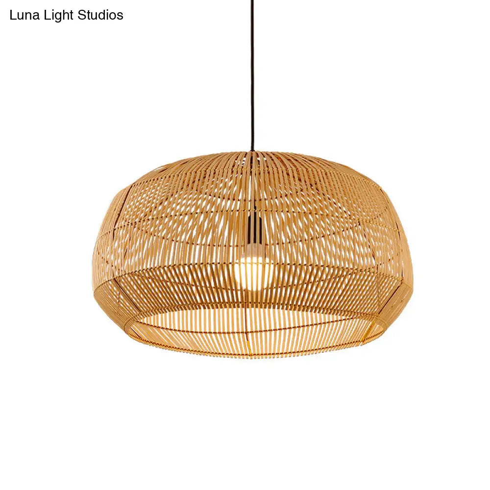 Asian Style Round Pendant Light: 1-Bulb Wood Suspension Fixture For Balcony