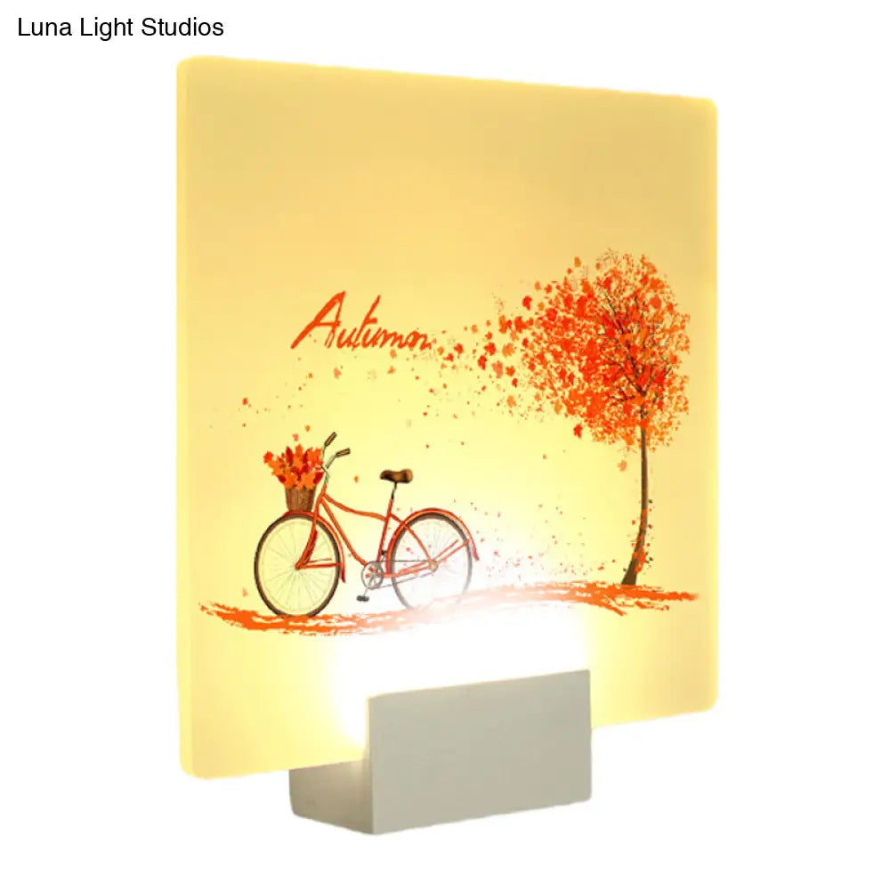 Autumn Tree And Bicycle Led Acrylic Wall Lamp Chinese Inspired Square Design