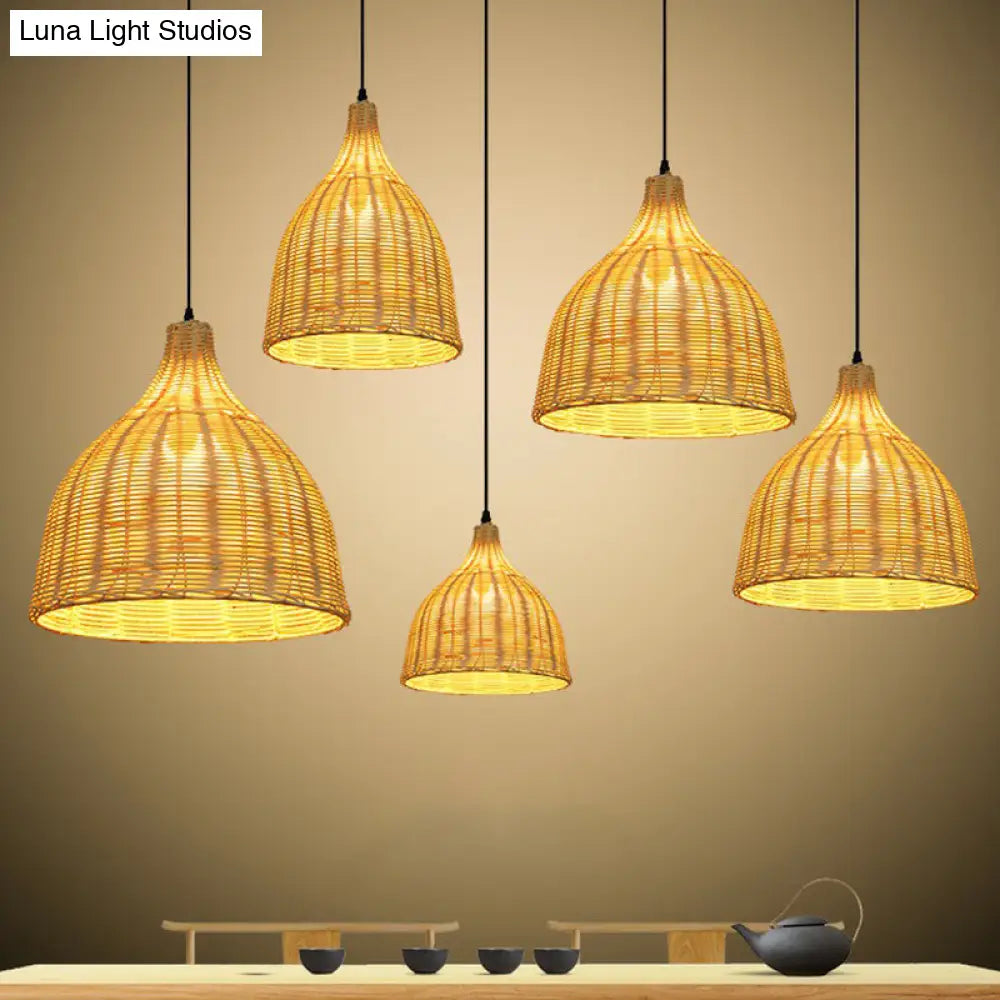 Bamboo Asian Hanging Lamp - Single-Bulb Ceiling Fixture For Restaurants In Beige
