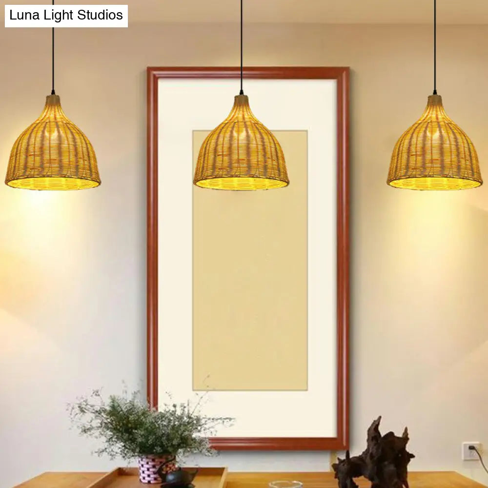 Bamboo Asian Hanging Lamp - Single-Bulb Ceiling Fixture For Restaurants In Beige