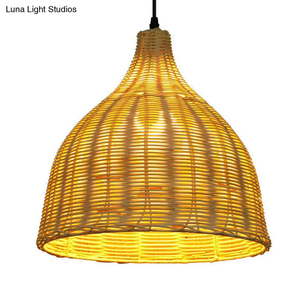 Bamboo Asian Hanging Lamp - Single-Bulb Ceiling Fixture For Restaurants In Beige