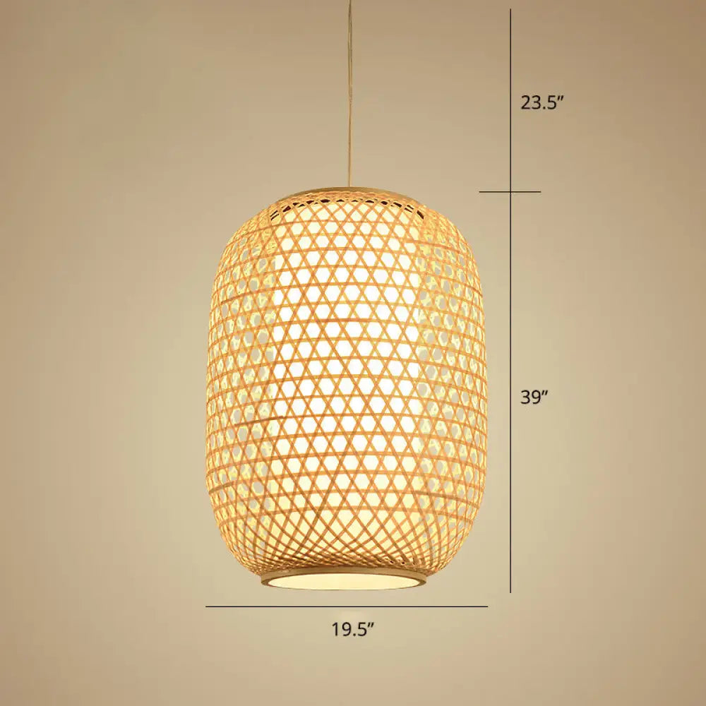 Bamboo Hanging Lantern For Restaurants - Asian Style Oval Design 1-Bulb Beige Ceiling Suspension