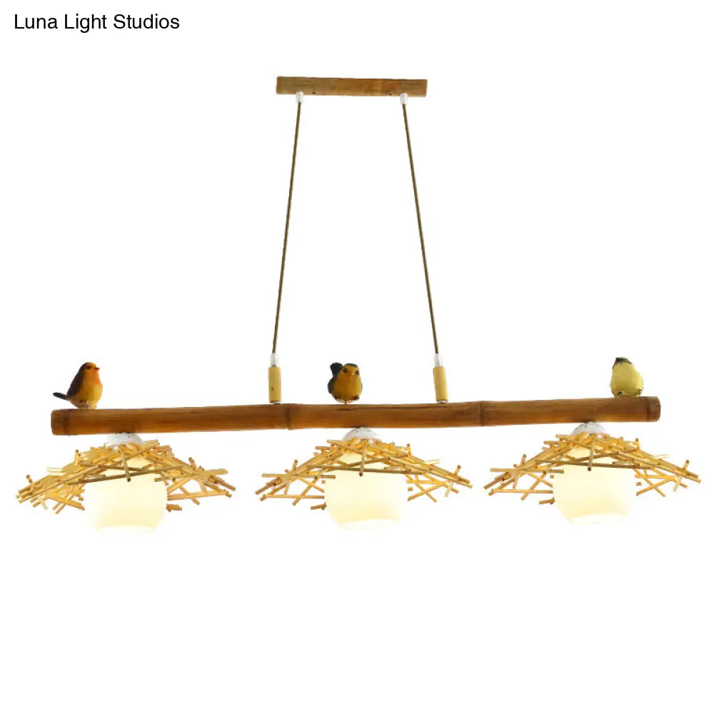 Bamboo Pendant Lighting: Conical Island Light With White Glass Shade