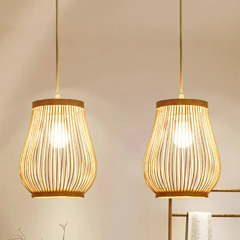 Bamboo Shade Pendant Ceiling Light - Asian Style Hanging Lamp Beige 7/8 Wide