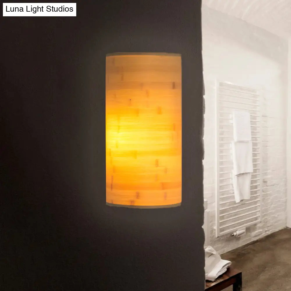 Bamboo Wood Asian Style Wall Mount Lamp With 2 Bulbs - Half-Round Sconce For Hallway Lighting