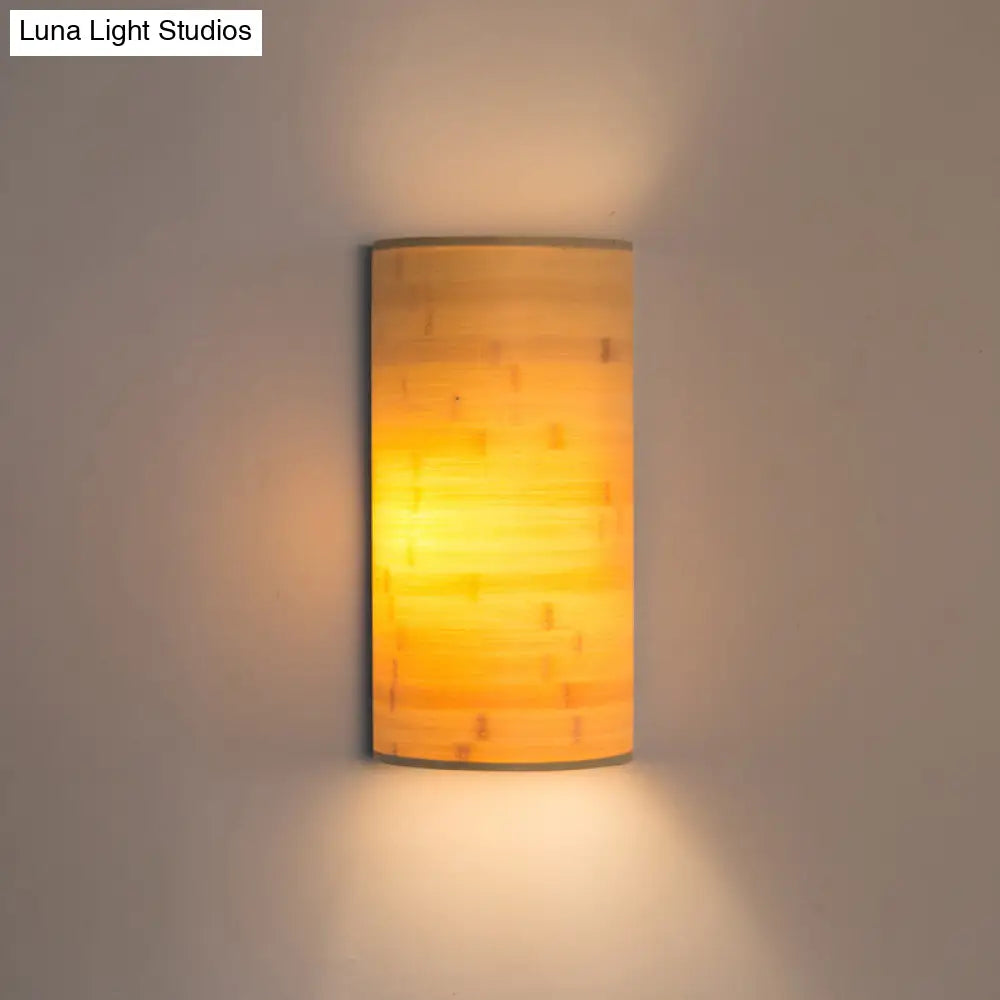 Bamboo Wood Asian Style Wall Mount Lamp With 2 Bulbs - Half-Round Sconce For Hallway Lighting