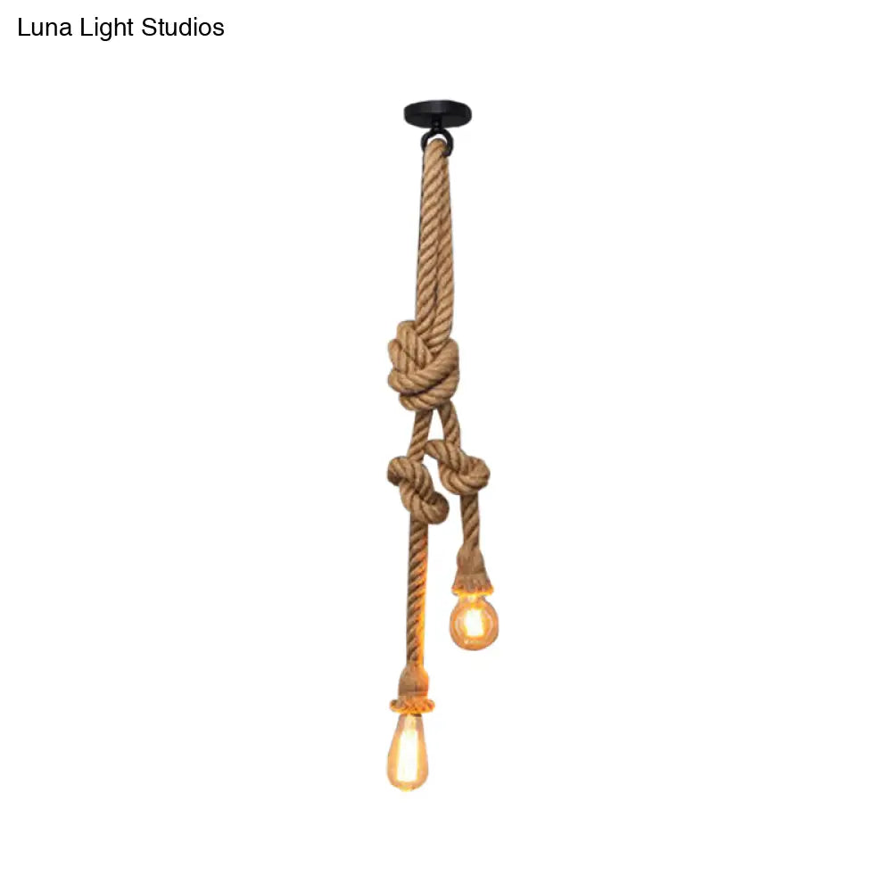 Bare Bulb Design Hemp Rope Ceiling Pendant Light - Brown Knot Farmhouse Style