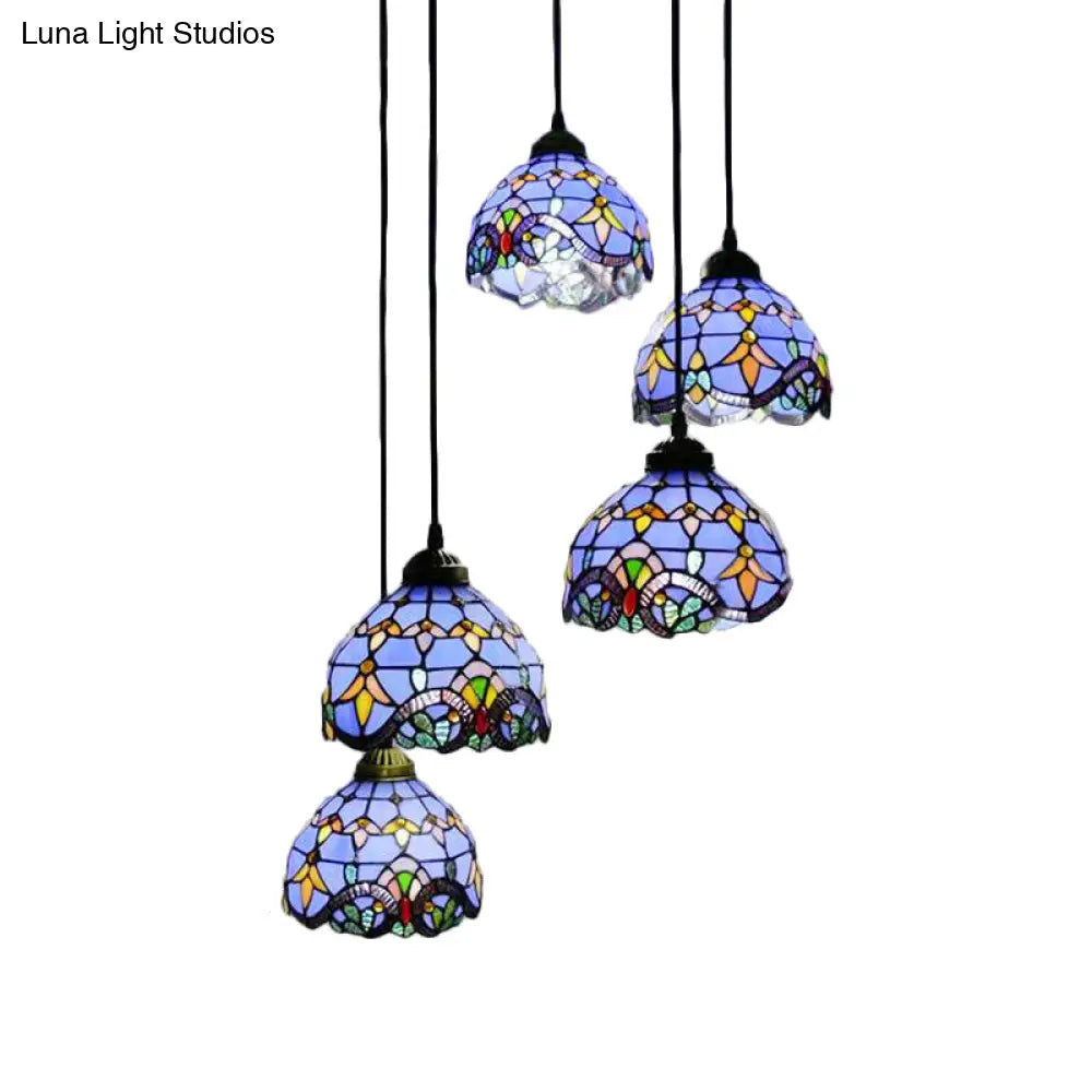 Baroque Style Glass Bell Cascade Pendant Light - Blue/Beige Shade For Dining Room Lighting