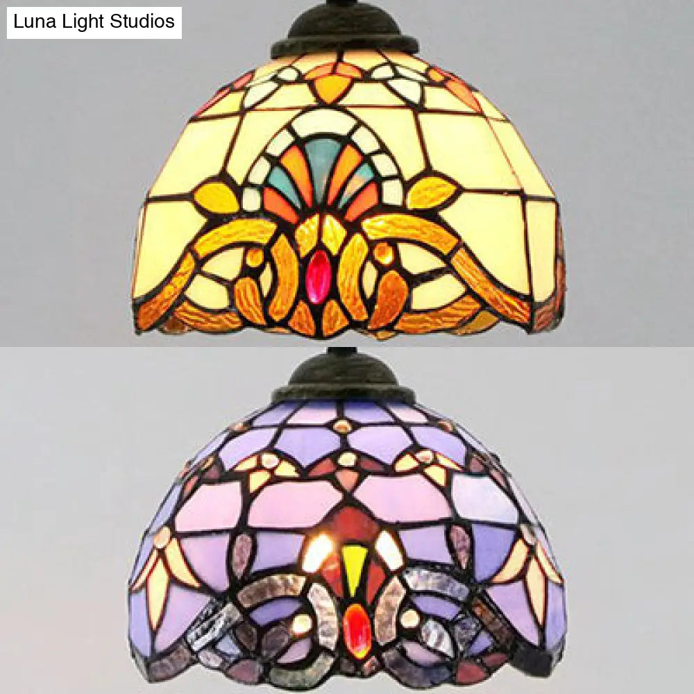 Baroque Style Stained Glass Dome Pendant Light With Hanging Cord
