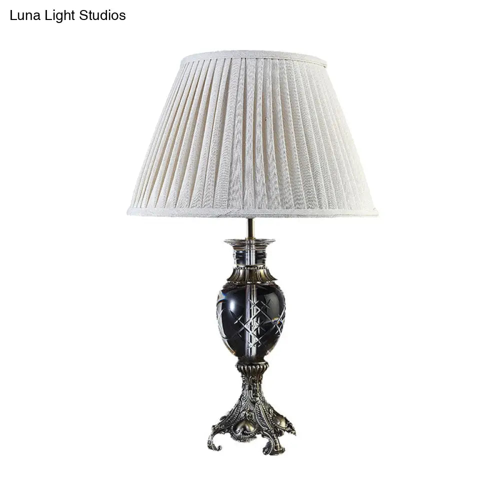 Beige Lodge Table Lamp With Clear Crystal Pleated Shade - Nightstand Light For Bedroom