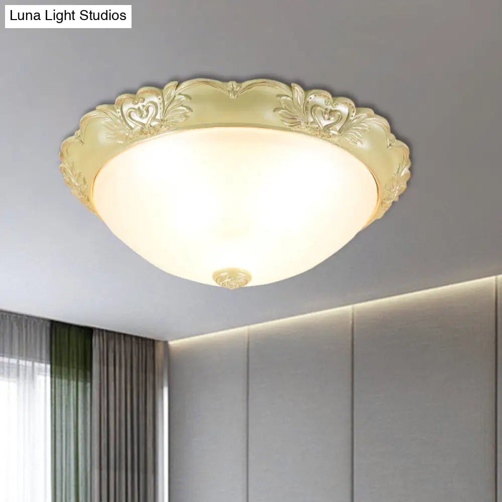 Beige Retro Flush Mount Light Fixture With Cream Glass Dome - Available In 3 Sizes