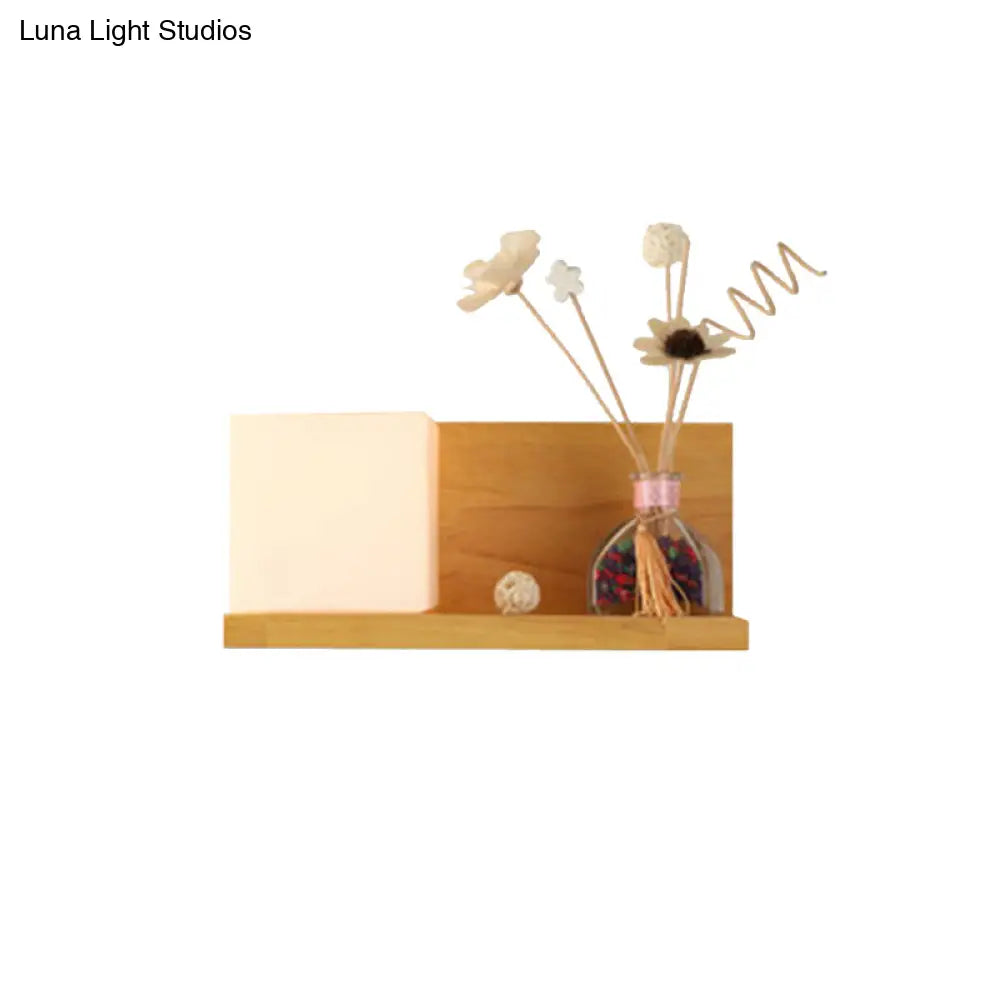 Beige Wall Lamp With Modern Cube Shade - Bedroom Sconce Light
