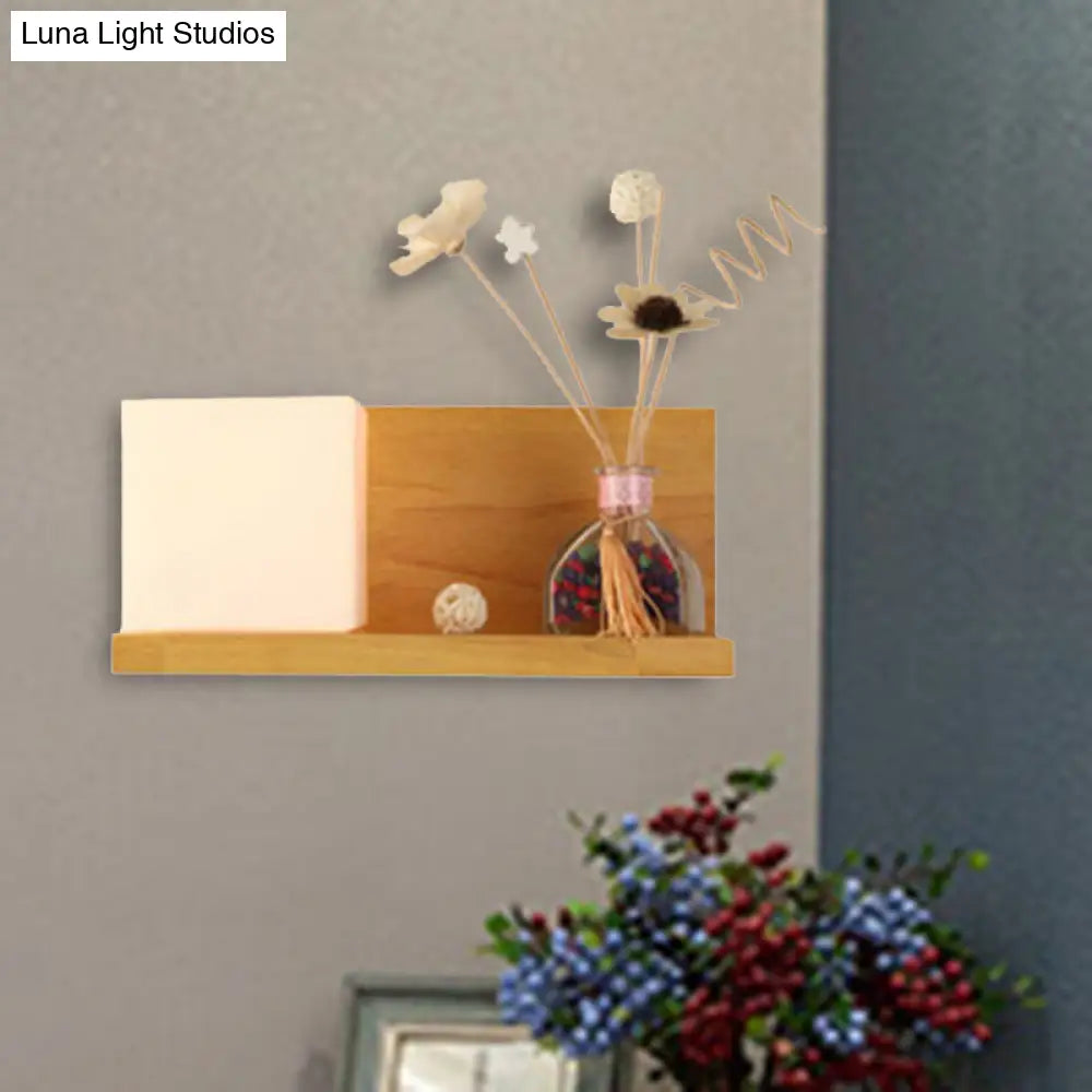 Beige Wall Lamp With Modern Cube Shade - Bedroom Sconce Light
