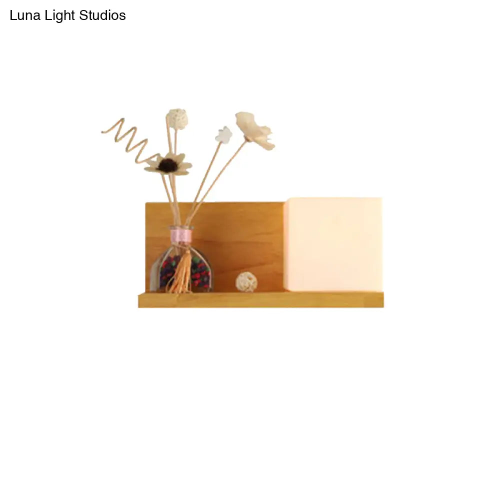 Beige Wall Lamp With Modern Cube Shade - Bedroom Sconce Light