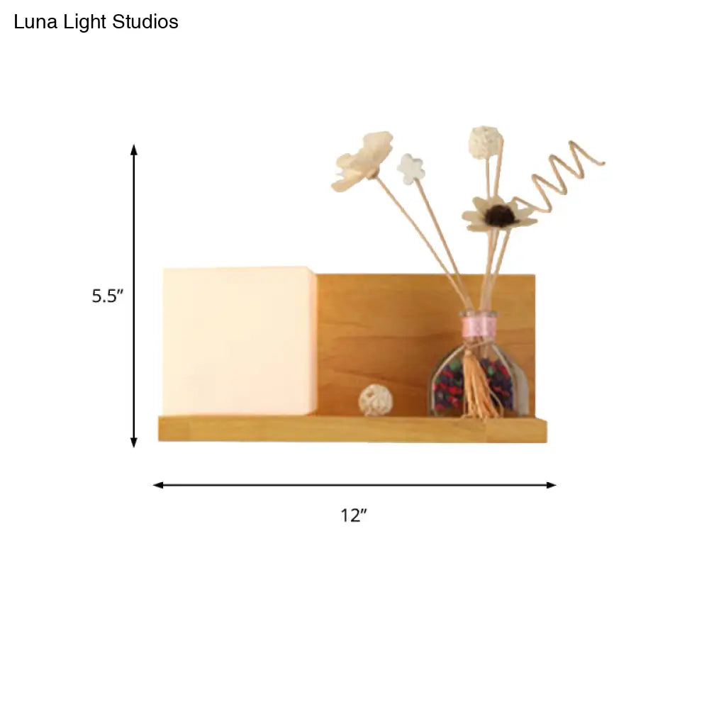 Beige Wall Lamp With Modern Cube Shade - Bedroom Sconce Light
