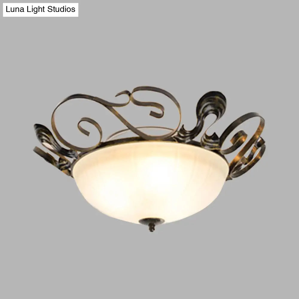 Black 3-Light Classic Ceiling Fixture With White Glass Bowl - Ideal For Living Room Flush Lighting