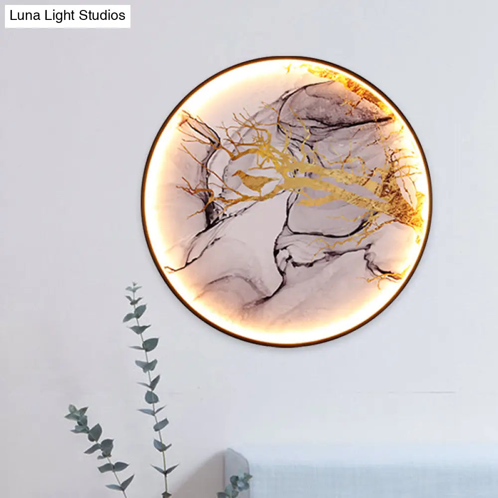 Black Asian Fabric Mural Led Wall Light Fixture For Living Room With Flower/Bird Design