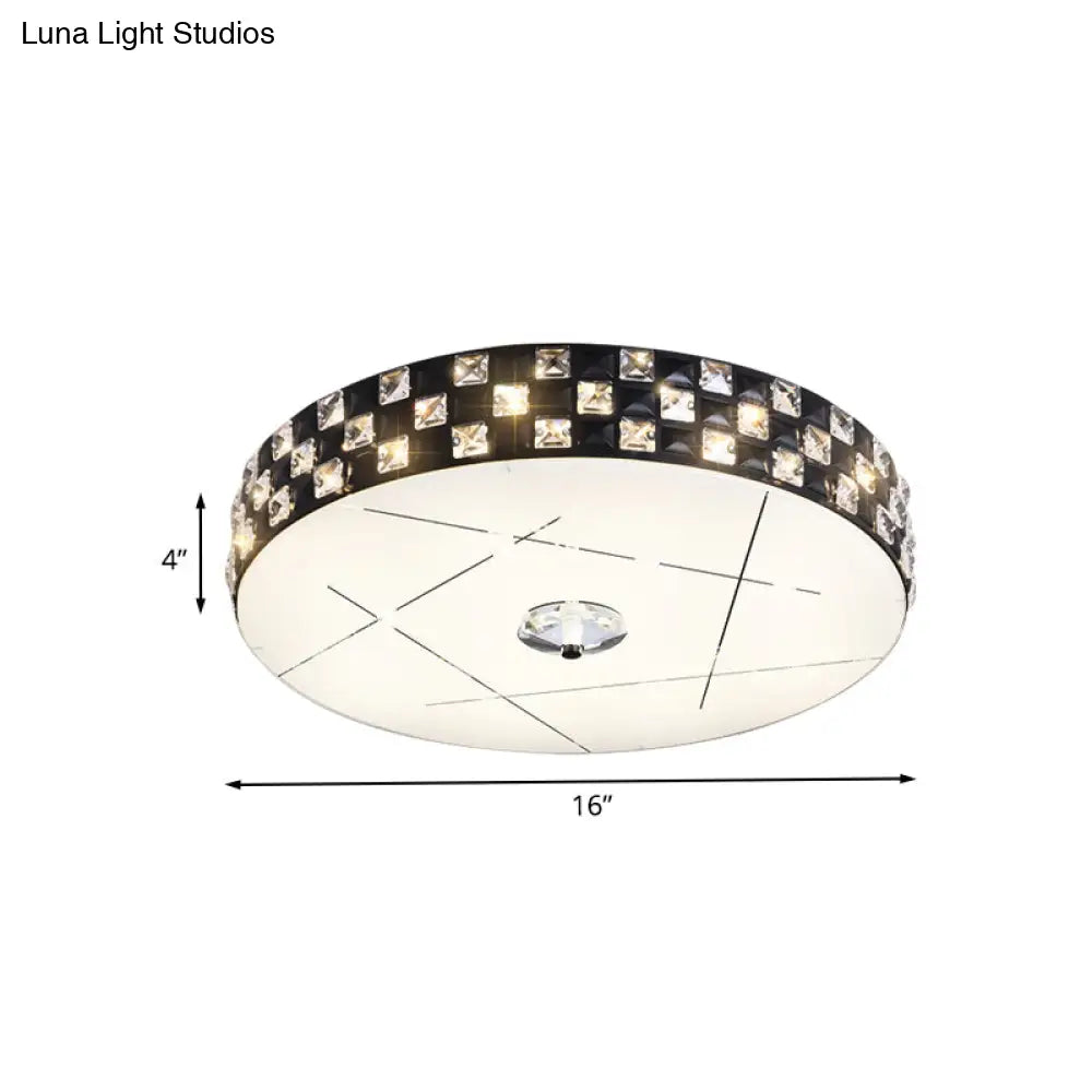 Black Beveled Crystal Led Drum Flushmount Ceiling Light For Guest Room