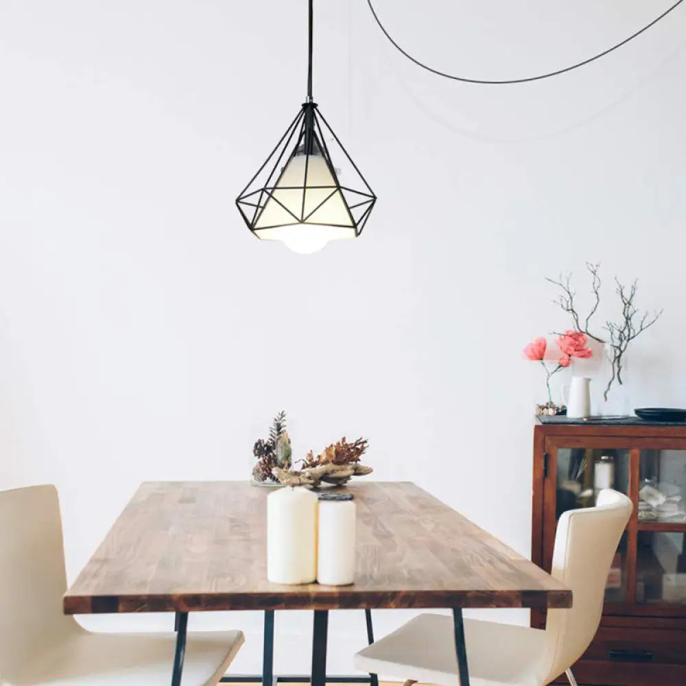 Black Diamond Cage Pendant Ceiling Light - Farmhouse Style Hanging Lamp With Fabric Shade / 2
