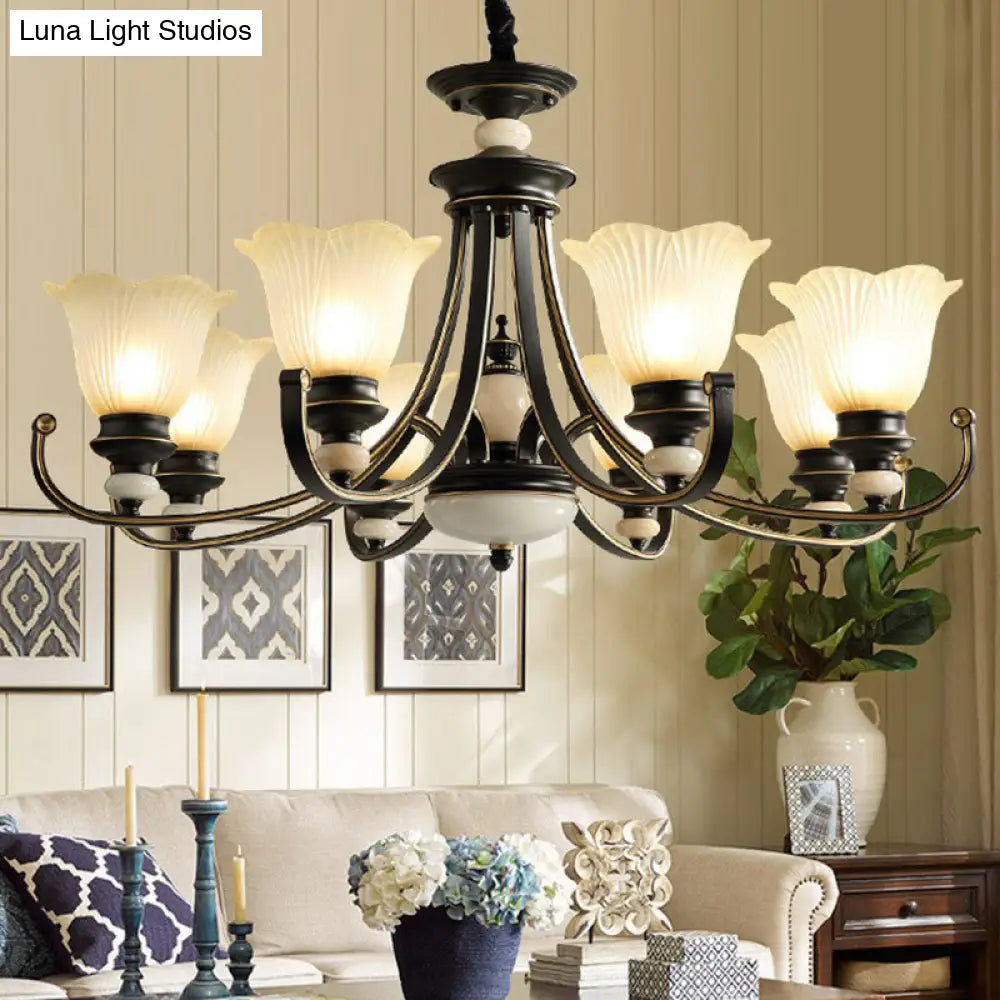 Black Frosted Glass Chandelier: Flower-Shaped Pendant Light For Classic Dining Room