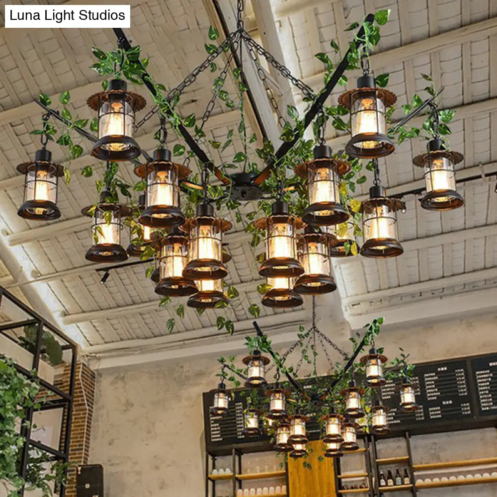 Black Industrial Lantern Chandelier With Green Vine Accents And Clear Glass Stylish Suspension Light