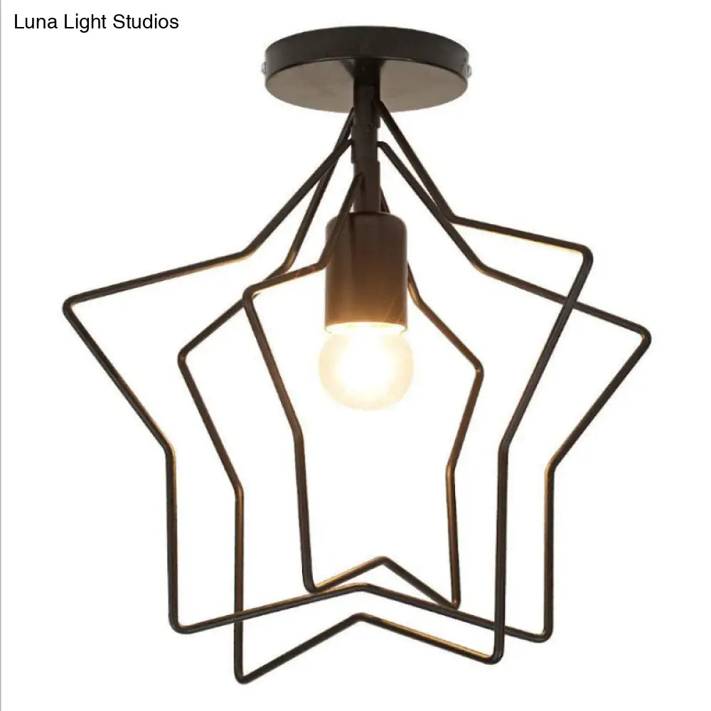 Black Iron Star Semi Flush Mount Ceiling Light For Living Room - Vintage 1-Light Fixture