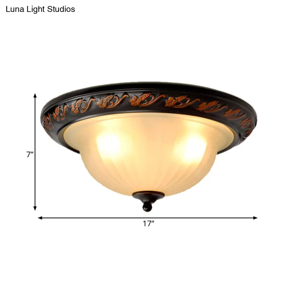 Black Metal Farmhouse Flush Mount Ceiling Lamp With 3 Cream Glass Bowl Shades For Bedroom Lighting