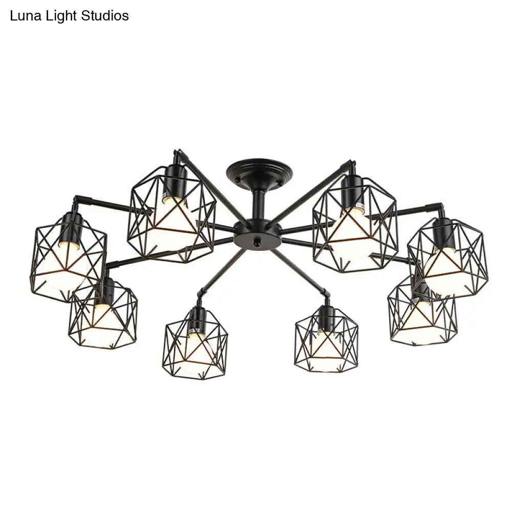 Black Metal Hexagon Cage Ceiling Light - Vintage Chandelier For Living Room