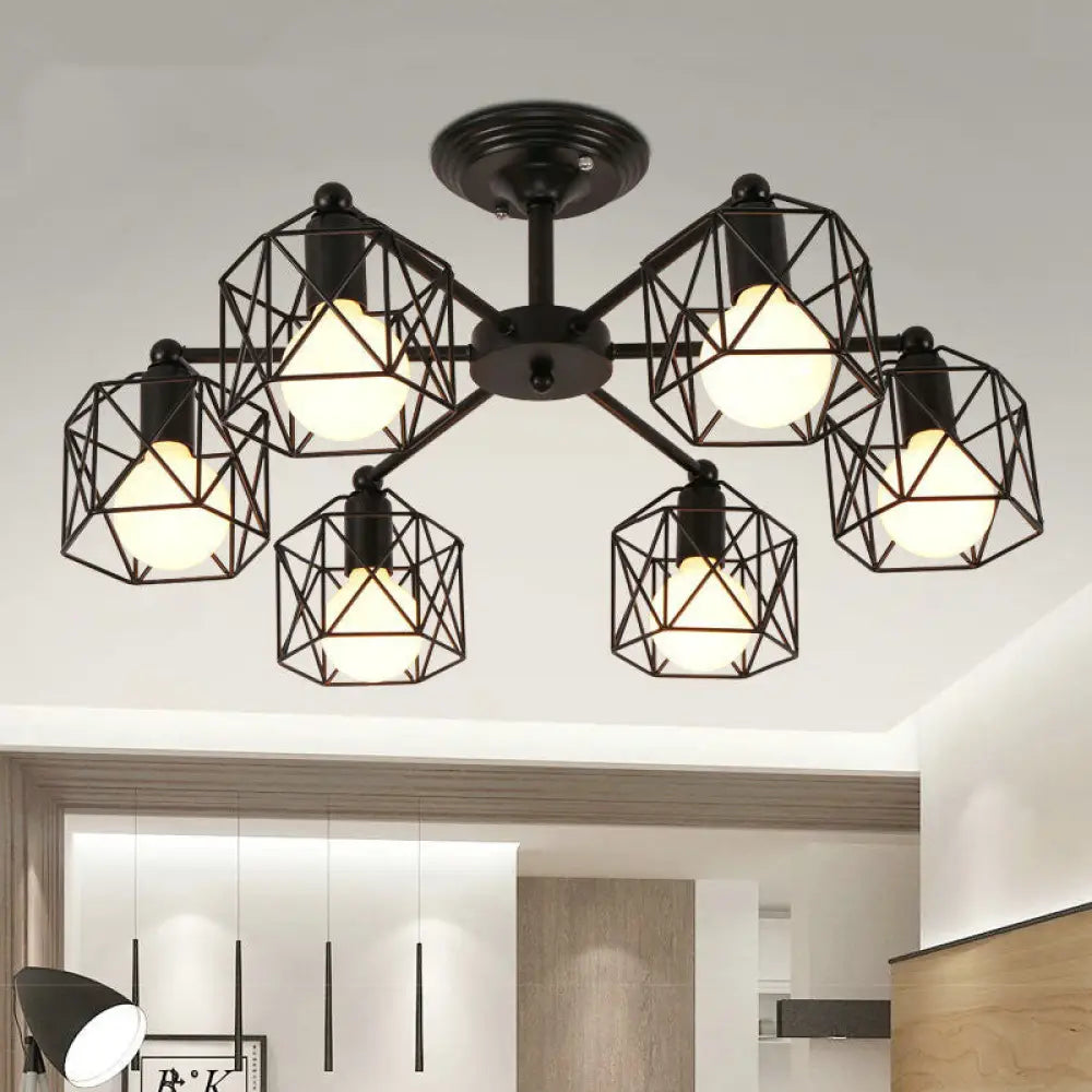 Black Metal Hexagon Cage Ceiling Light - Vintage Chandelier For Living Room 6 /