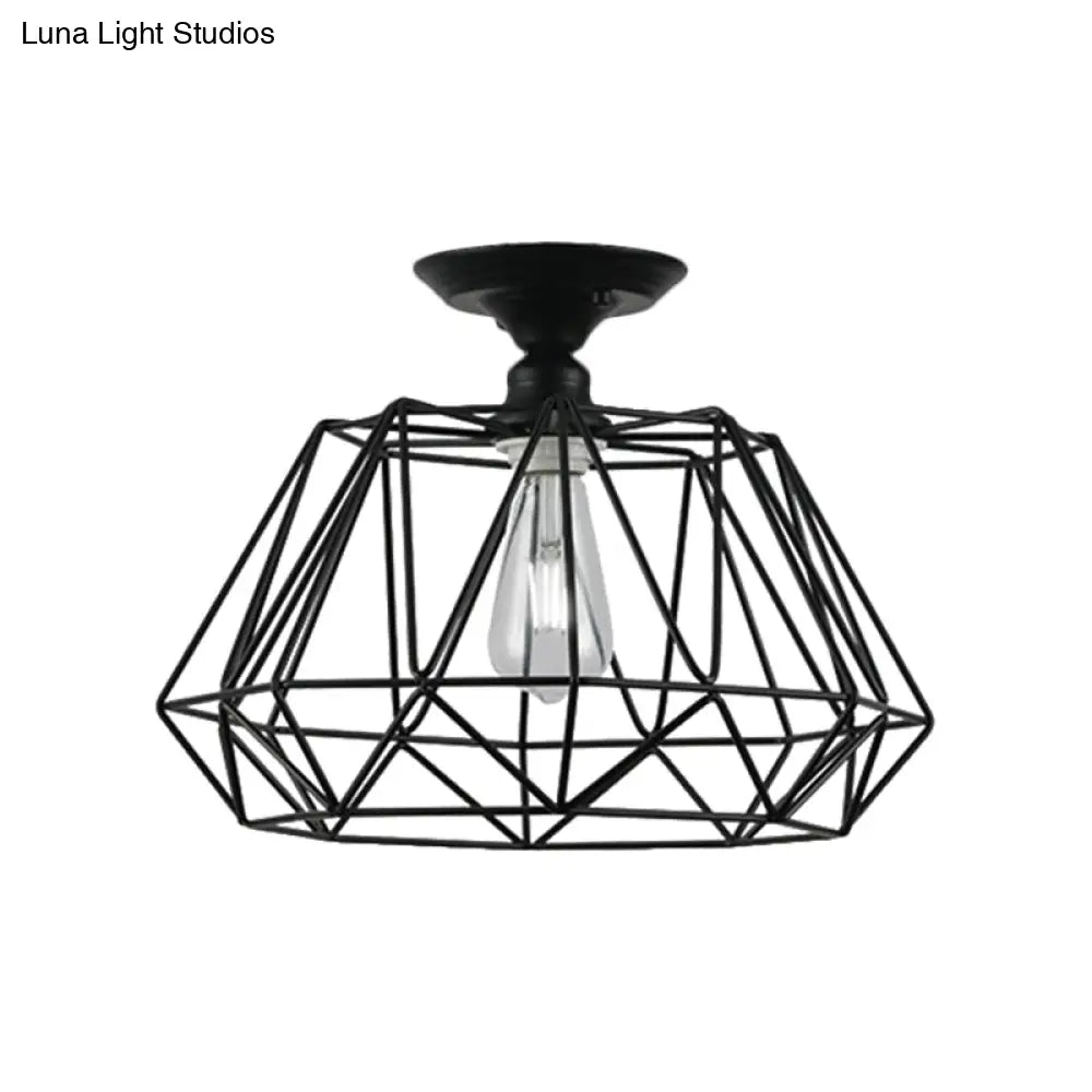 Black Metallic Cage Diamond Ceiling Light Fixture For Corridor - Loft Industrial Style Close To