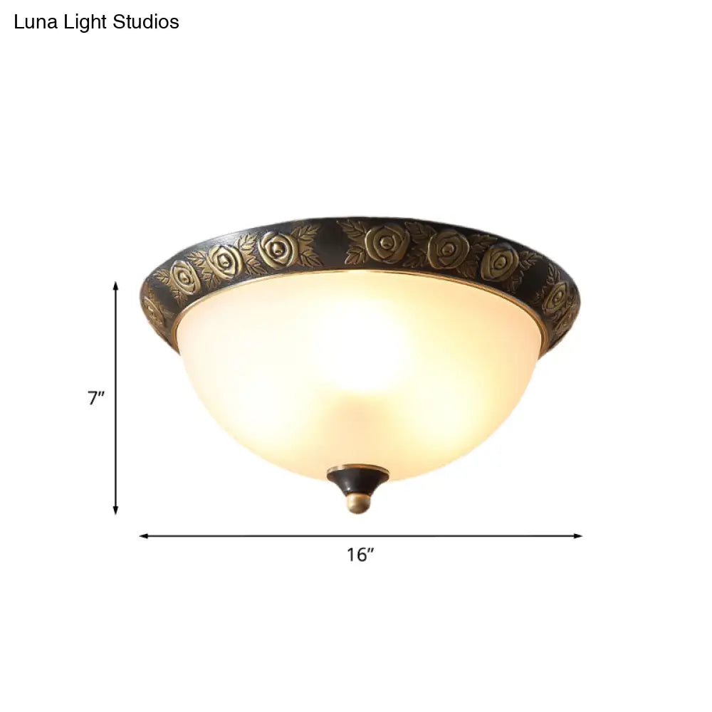 Black Milk Glass Ceiling Lamp With Leaf/Flower Trim - Traditional 3-Head Flush Mount