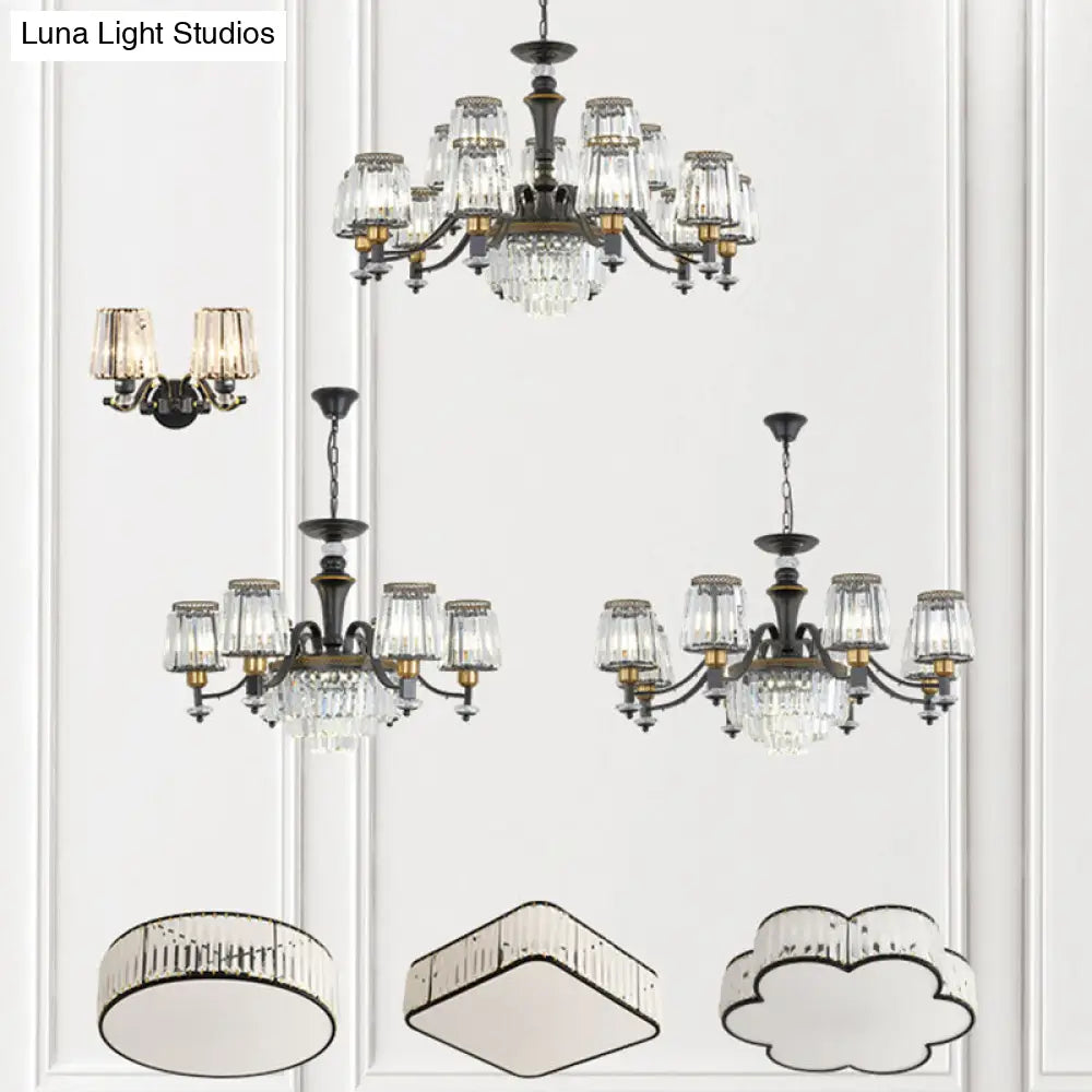 Black Tapered Chandelier With Clear Crystal Shade - Simple Drop Lamp For Elegant Lighting