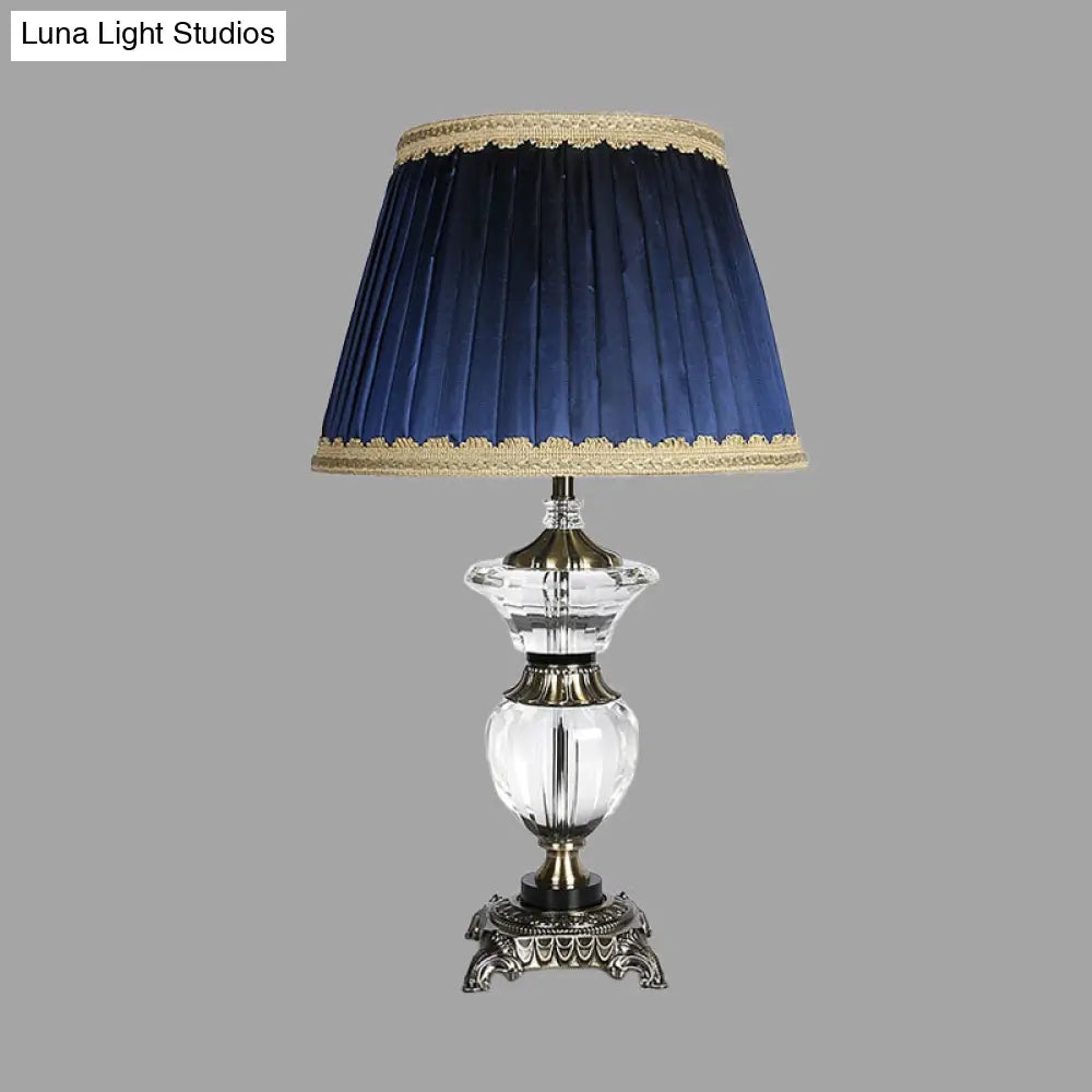 Blue Barrel Crystal Nightstand Lamp With Braided Trim - Lodge Bedroom Table Light
